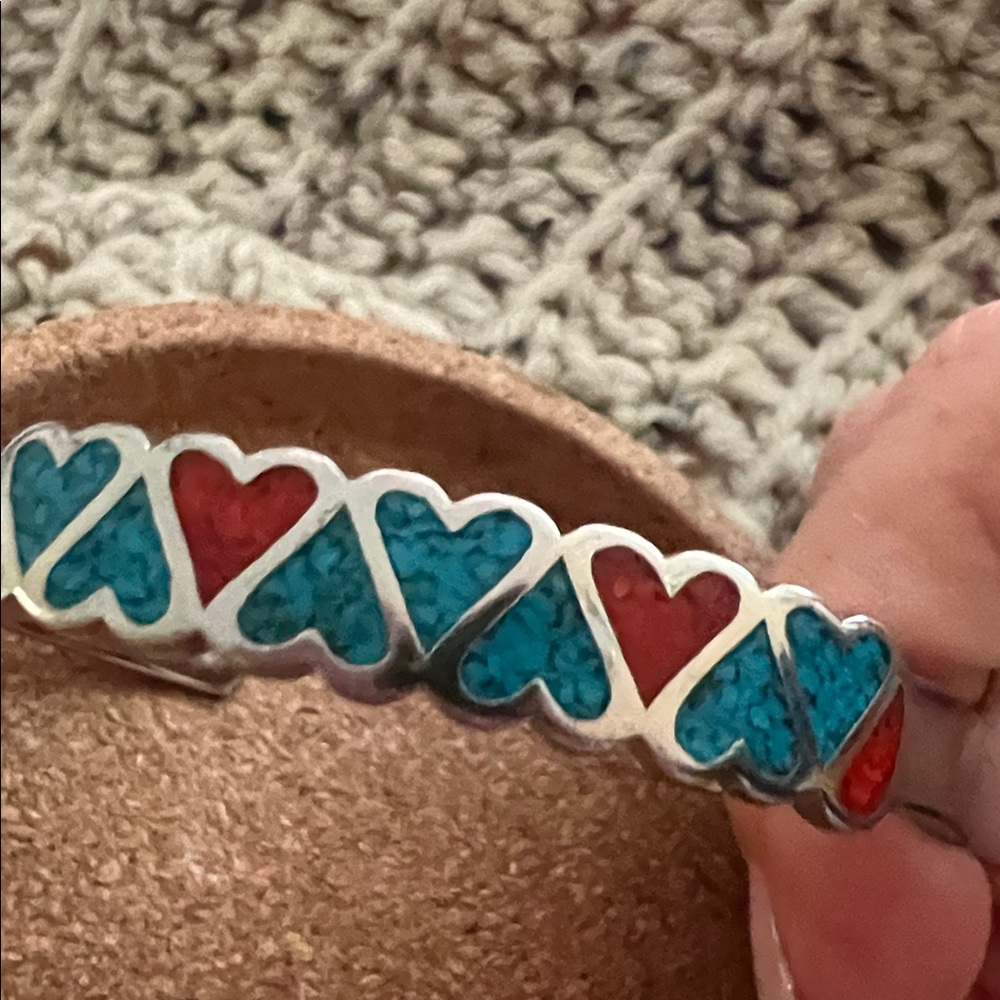 Native American Sterling Silver Zuni Heart Cuff Bracelet with Turquoise - Picture 8 of 9